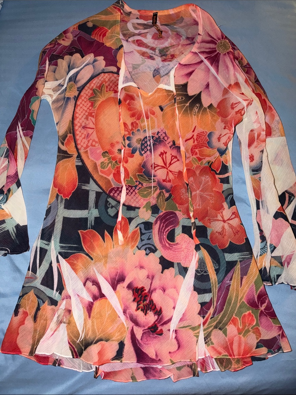 Floral Long-Sleeve Tunic Top in Pink, Orange, Purple